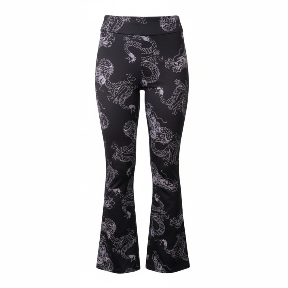 Shosho White Dragon Stretch Black Flare Bell Bottom Leggings Goth Grunge Pants L